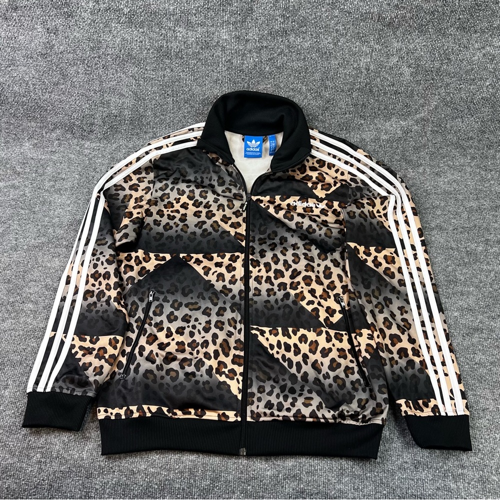 Adidas Womens Large Black White Cheetah Print Zip Up Track Jacket